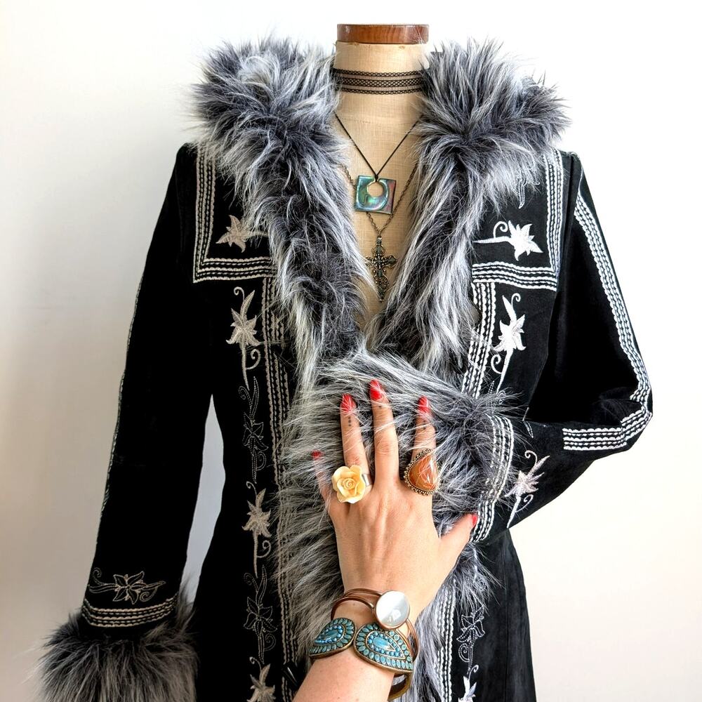 Vintage Black Suede Coat Penny Lane Groovy Faux Fur Jacket Afghan Trench Medium - Picture 5 of 13